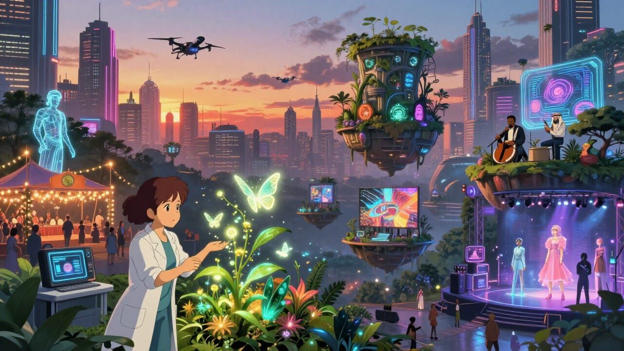 Anime fun day in a futuristic world where AI and creativity coexist. The video should feature vibrant cityscapes, intera...