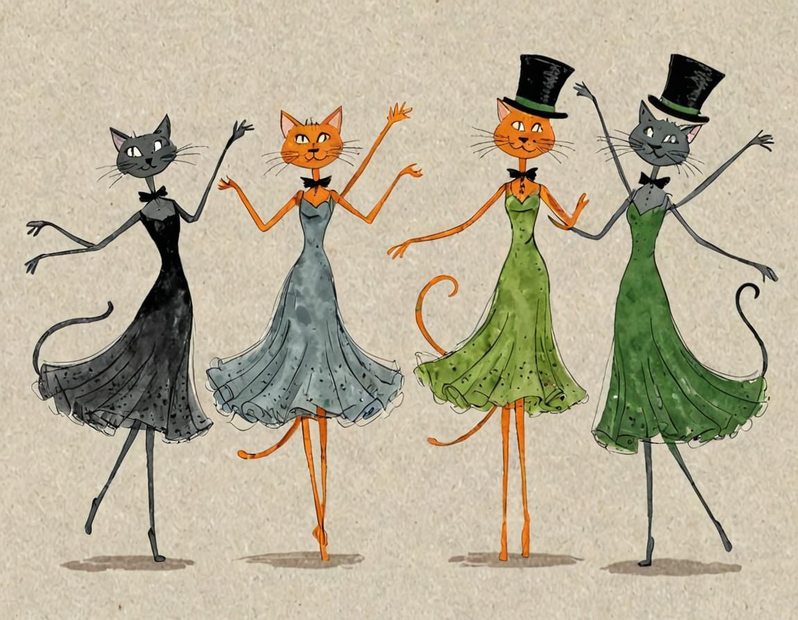 Three whimsical graceful tall thin dancing cats. Cat 1 female (orange
