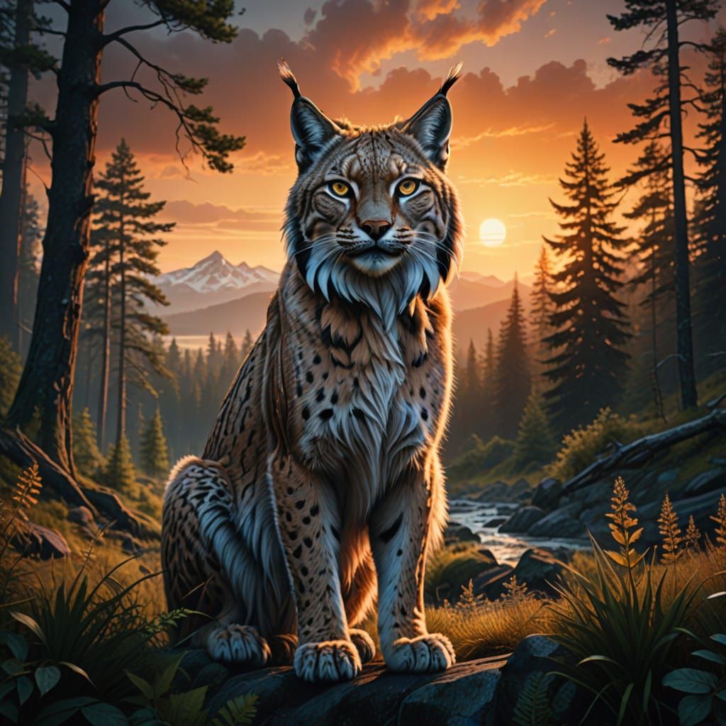 A transcendent digital double-exposure artwork that showcases the powerful profile of a lynx in intricate ...  by @Jemina