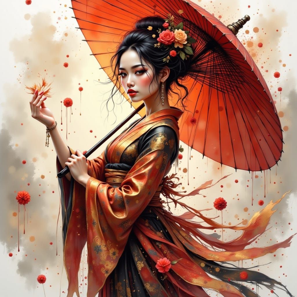 Woman Dancing with Umbrella in Futuristic Kimono