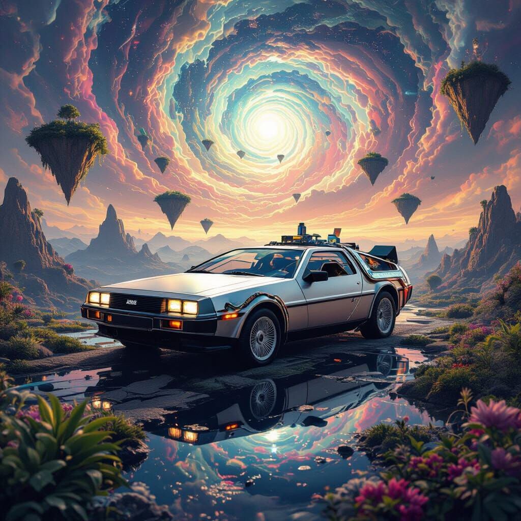 A DeLorean time machine materializes within a surreal, Escher-esque landscape where gravity seems to bend and twist. The sky is a swirling v...