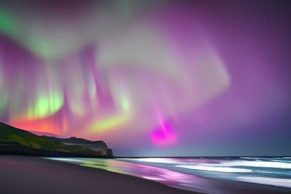 night sky with aurora borealis on beach