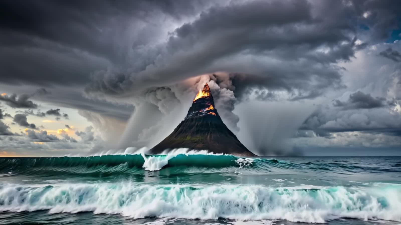 Volcano rising up from ocean titanic wave and storm