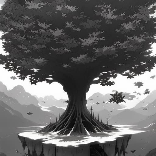 black and white colored tree of life in a floating island
