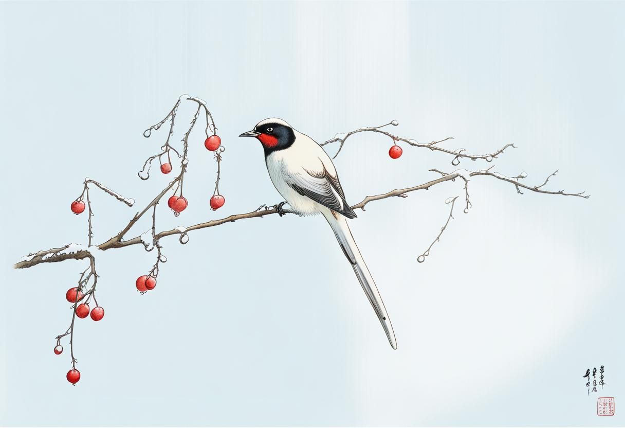 Longtailed white bird pecks icy berries in Daqing, Heilongjiang