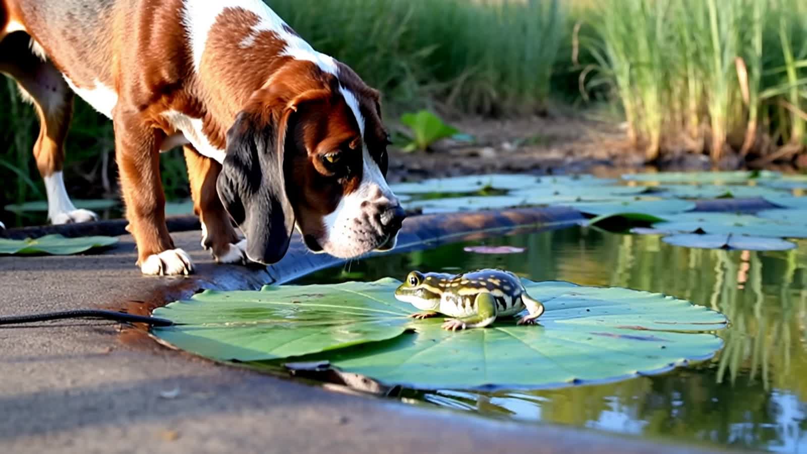 Basset Hound smelling a frog on a blue water lily pond.