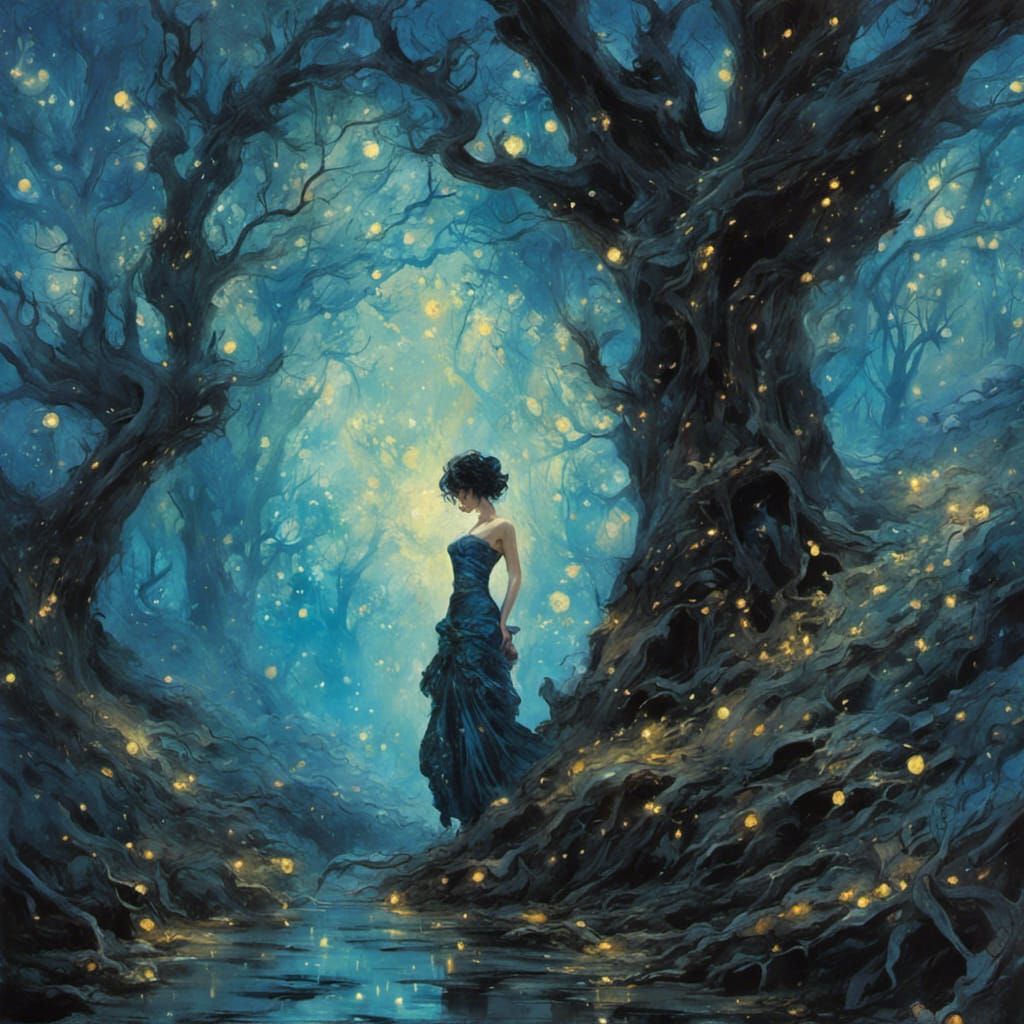 Woman in a forrest full of fire flies