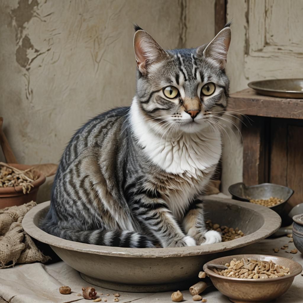 A thin bony adult grey tabby cat. White vibrissae. The tail is half