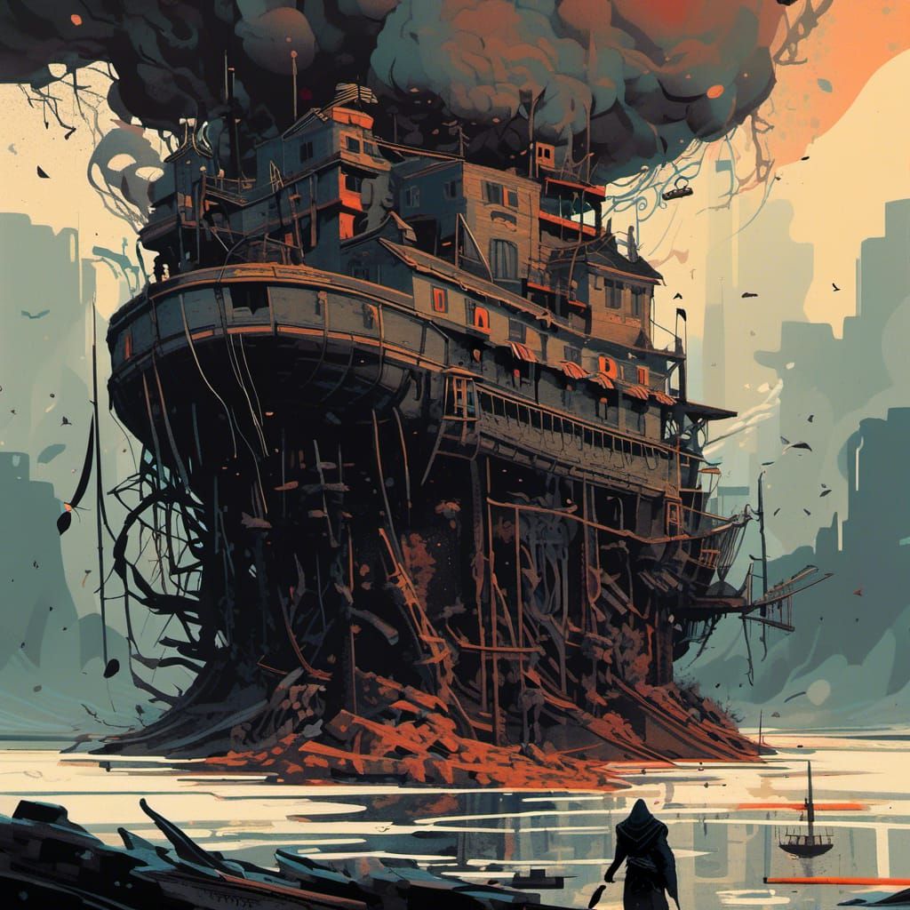 a dark, mysterious, and twisted illustration of ink, reminiscent of the styles of Ash Thorp, Ian McQue, and Loish, with bold black lines, vi...