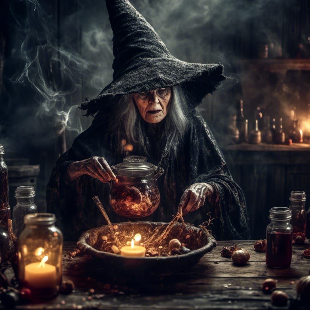 Old female ugly witch brews potions, witches hat <lora:Wild Storm:1.0> horror, thriller, scary, hdr, hyperrealistic, macrebe