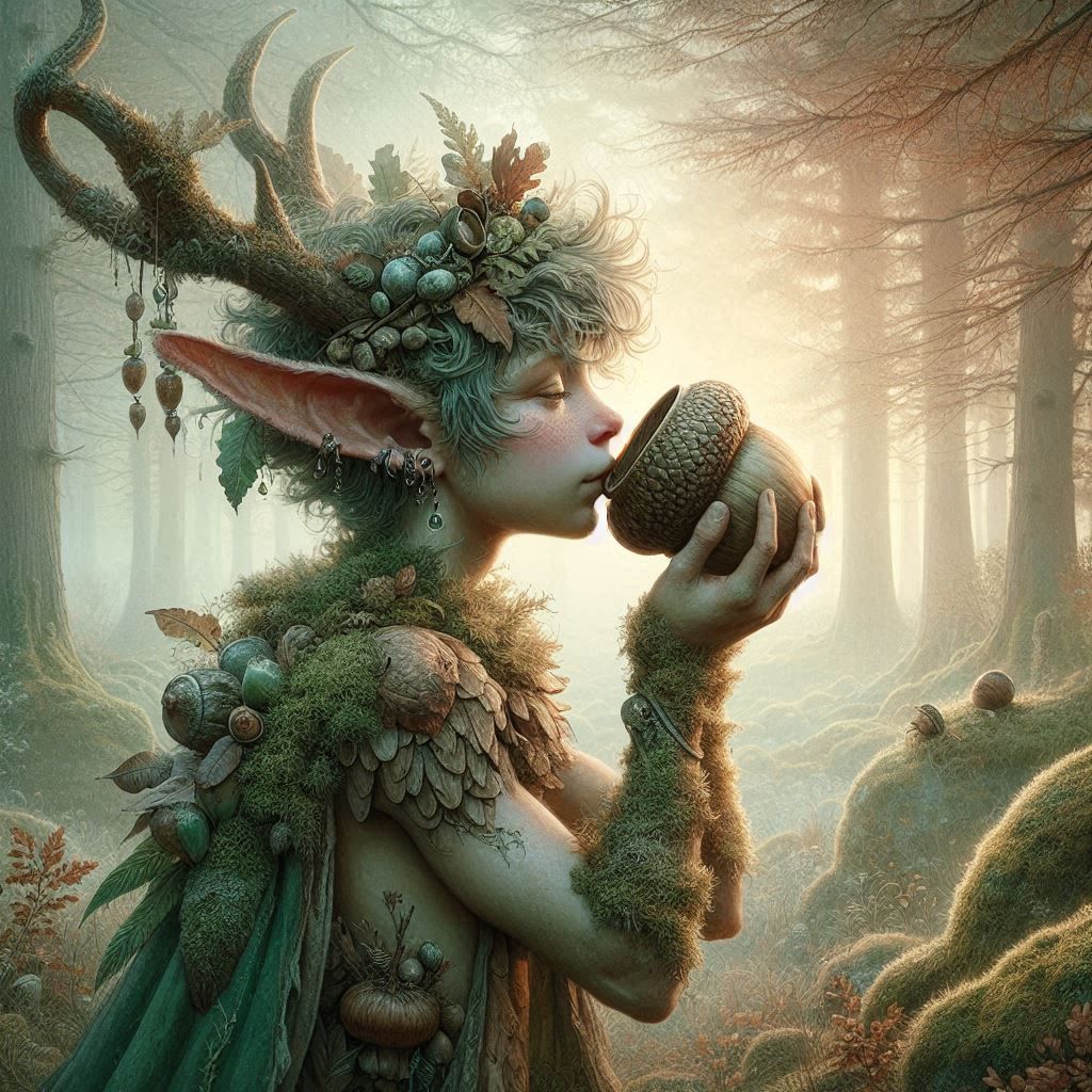 He drinks from the empty acorn cup the dew that dawn sweetly...