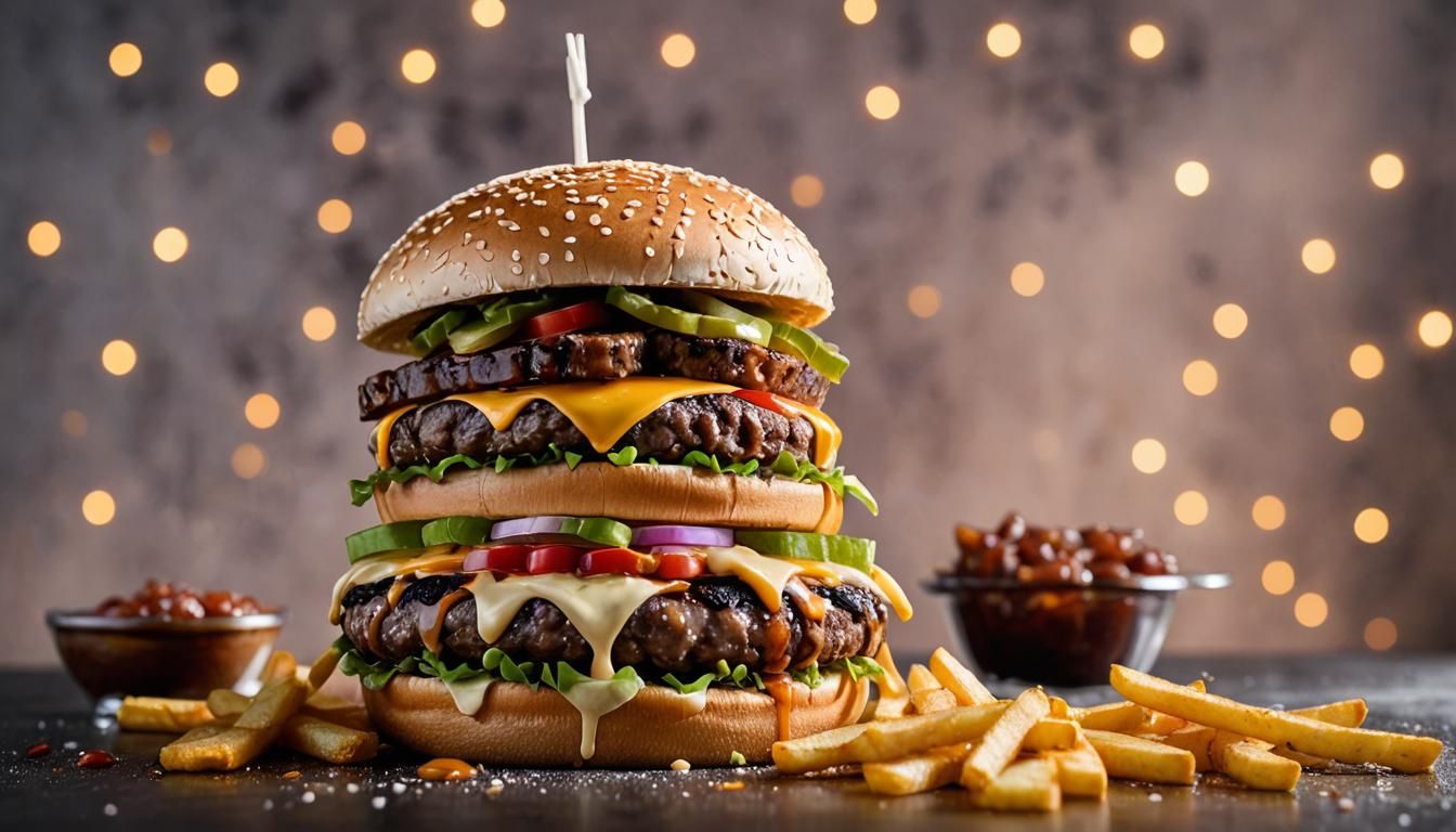 a delicious and giant hamburger dripping with toppings and f...