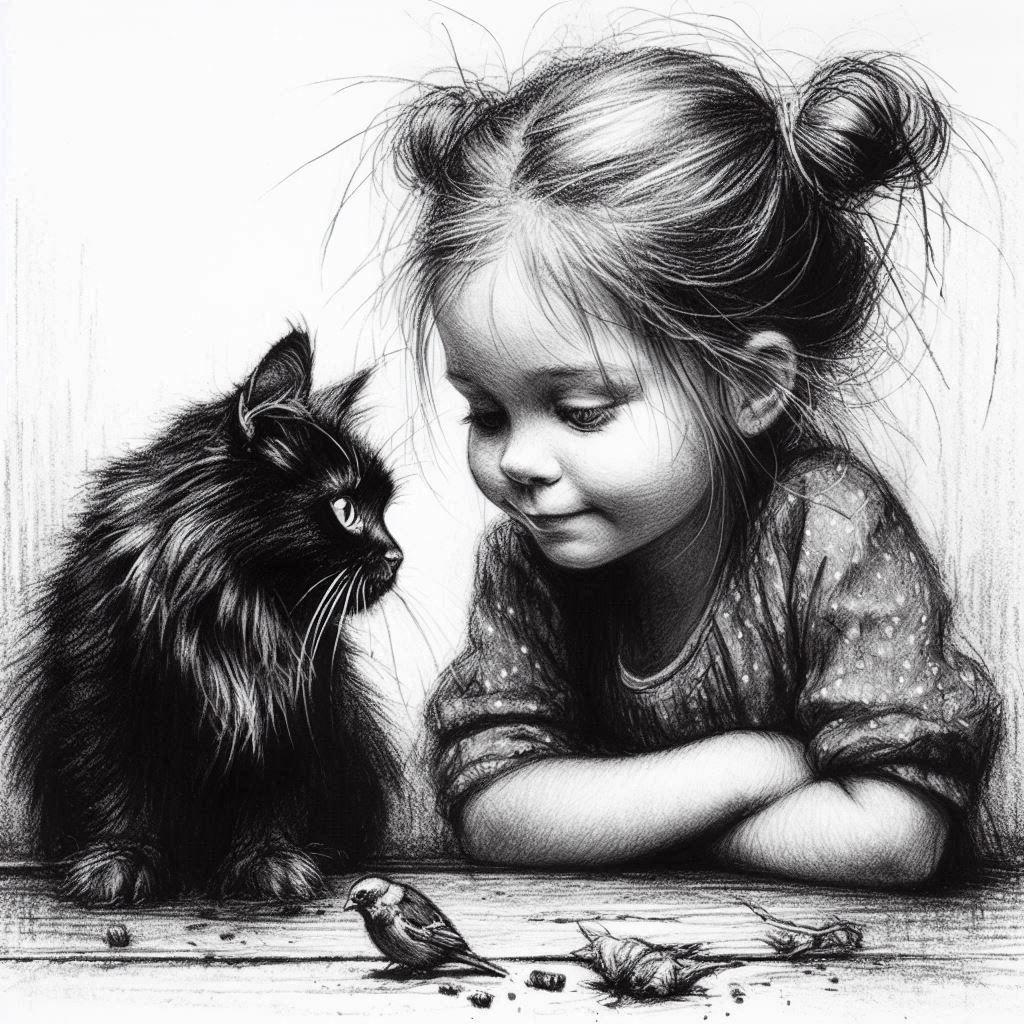 black and white. girl and cat
