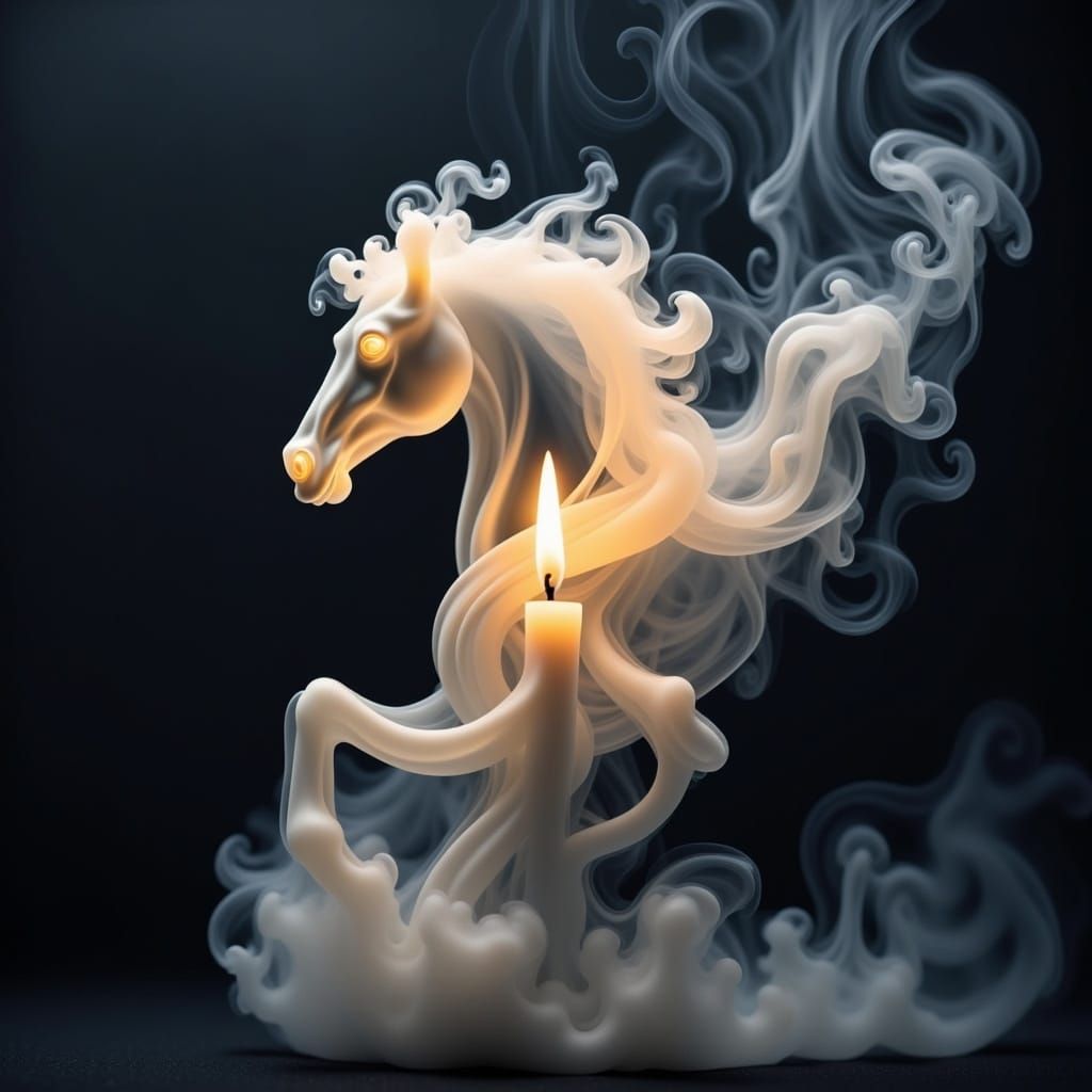 the smoke of a candle takes on the shape of a smokey sheer wispy horse galloping<lora:Smokey FX:1.0> 