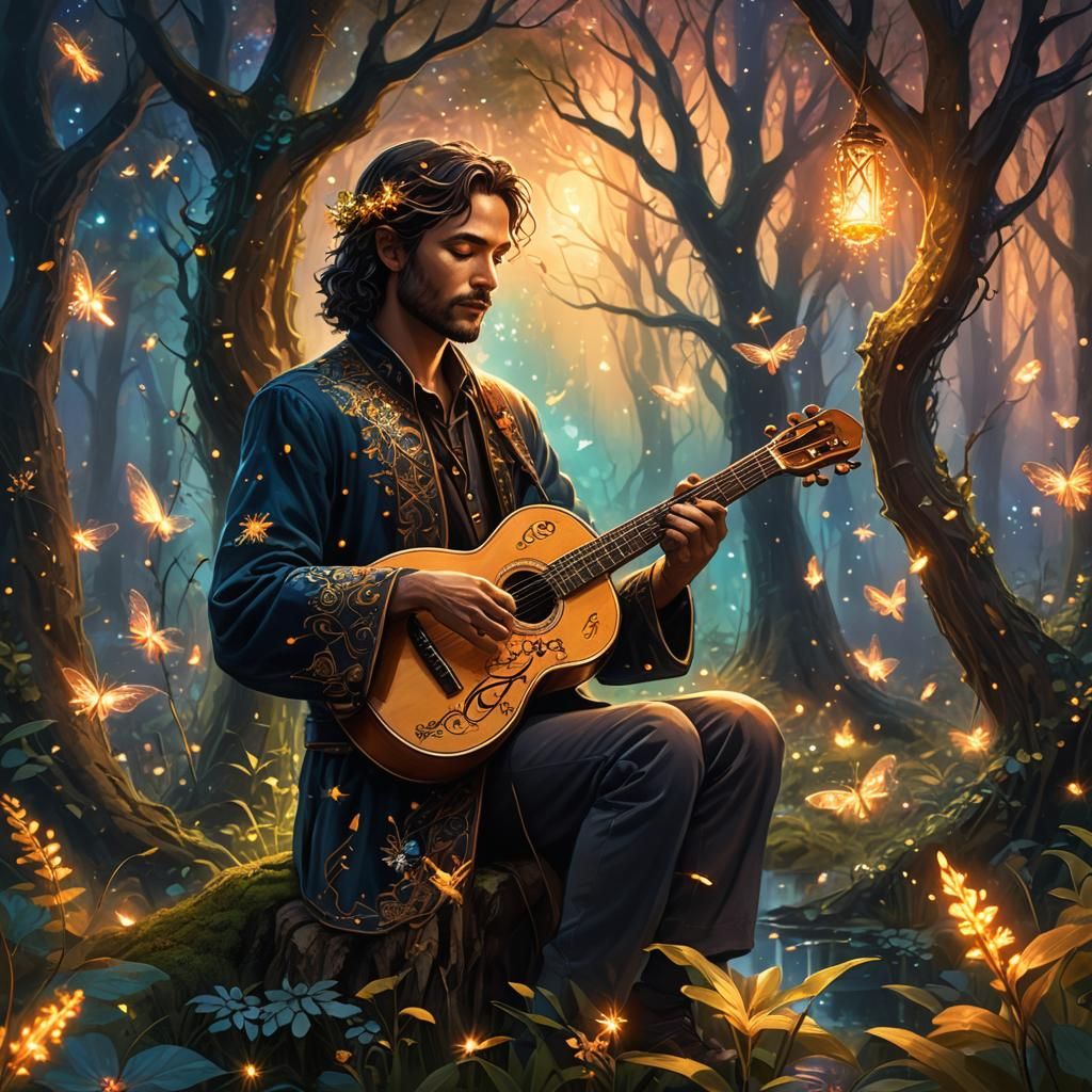 Mysterious Musician in Enchanted Forest Concept Art