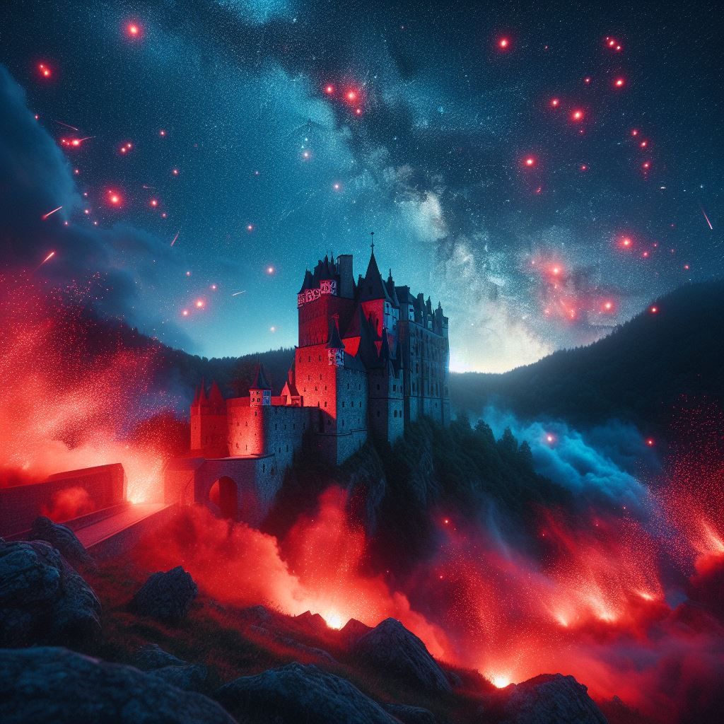 Red sprites above an ancient castle
