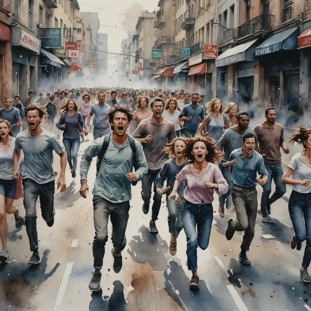 People running in the streets in a panic, watercolor, hyperr...