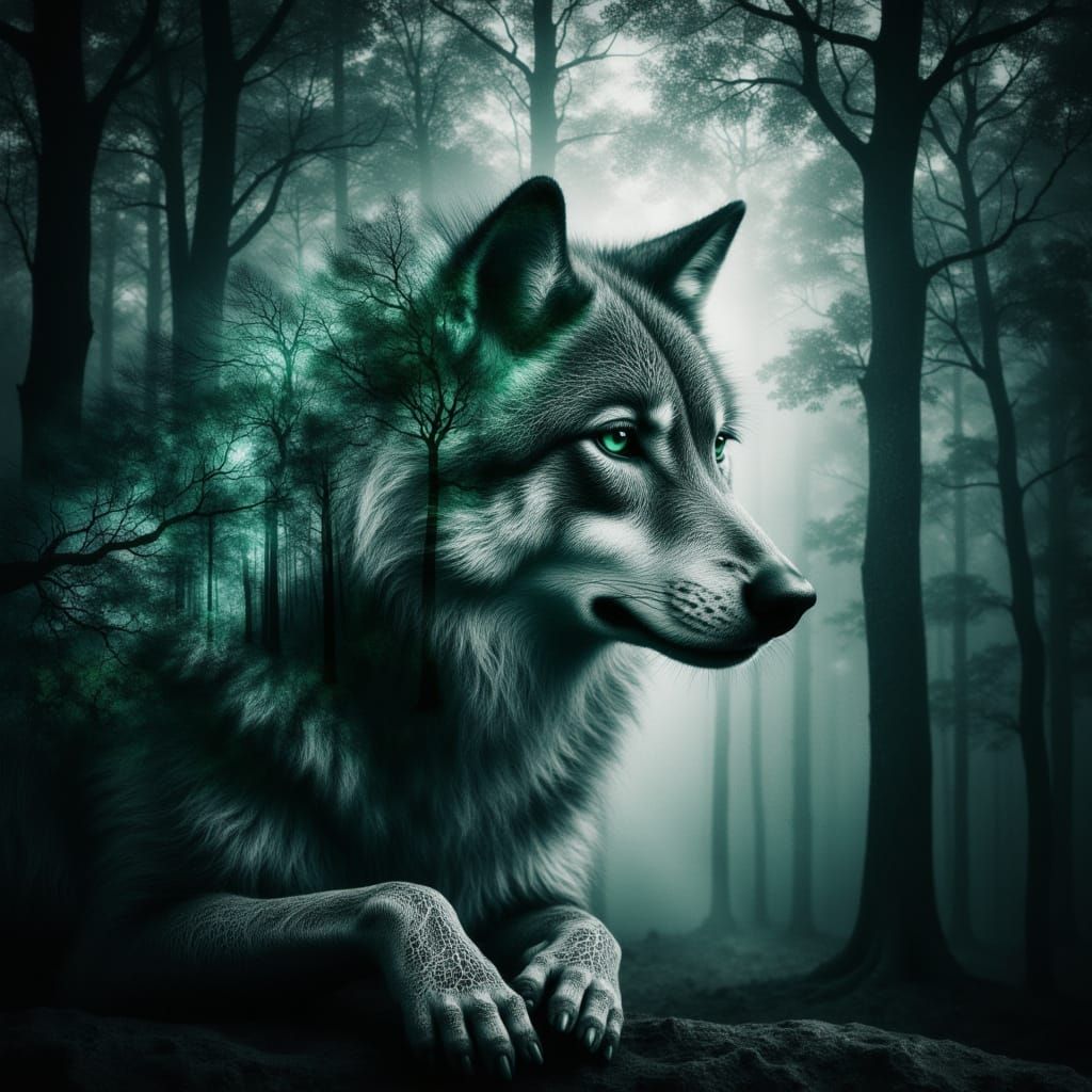 <lora:Forest Texture:1.0> Wolf  double exposure with forest texture