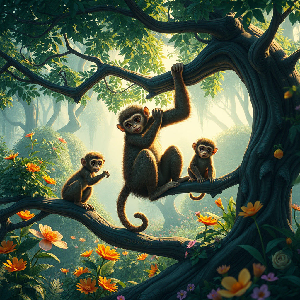 Monkey Family Climbing Trees in Whimsical Forest