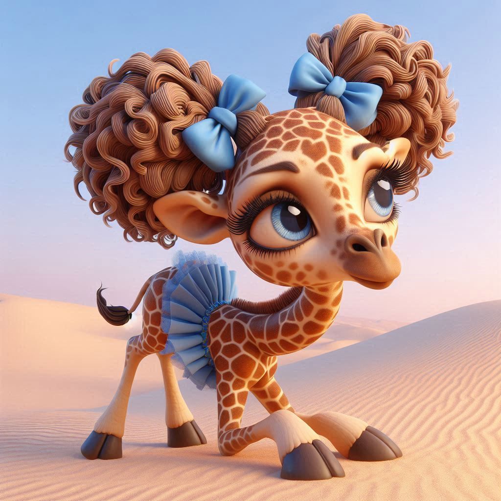 A whimsical female giraffe with two large and curly pigtails