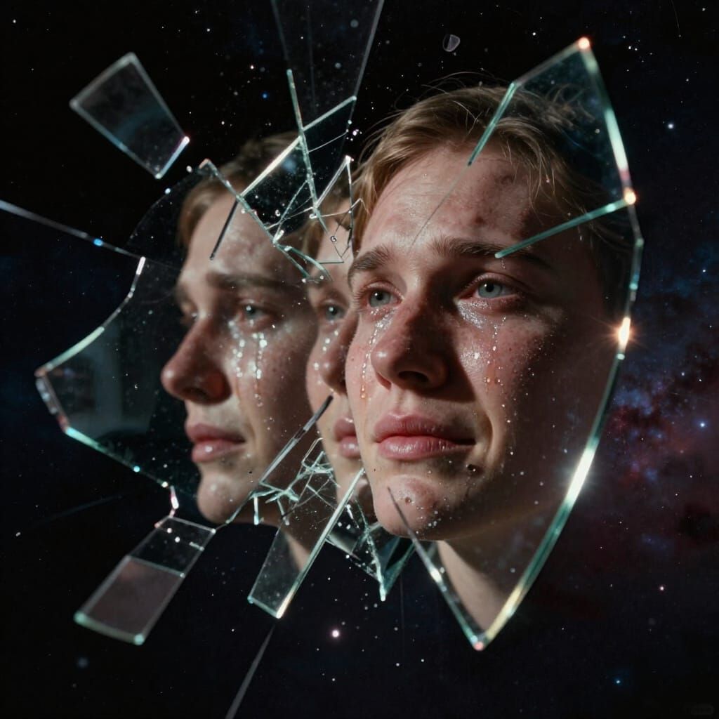 Shattered Mirror Reflecting Evolving Face in Space