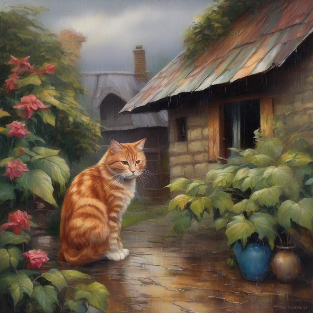 Gothic Painting of a Ginger Cat in the Rain