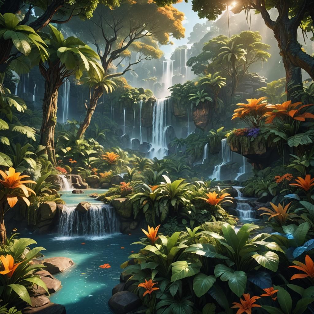 Lush Paradise Garden with Waterfalls and Glowing Plants