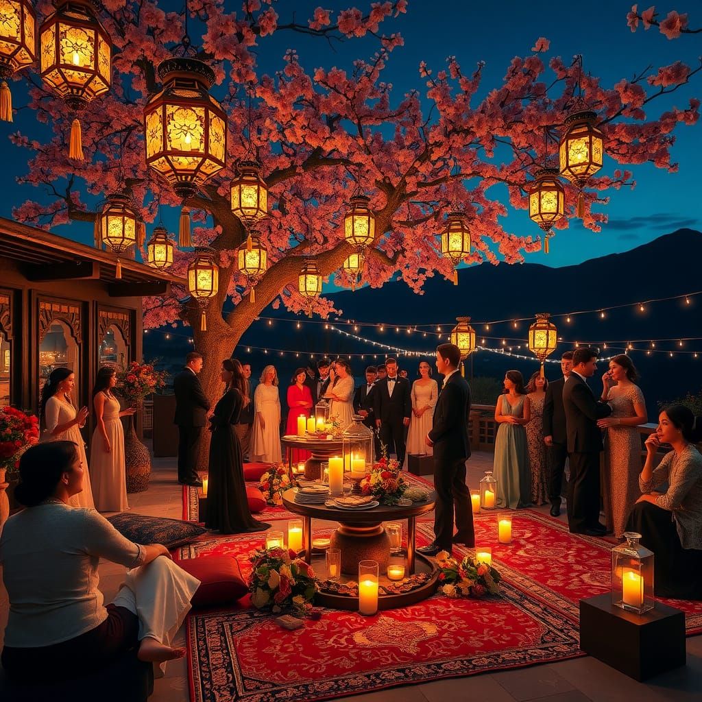 Luxurious Oriental Gathering Under Blossoming Trees