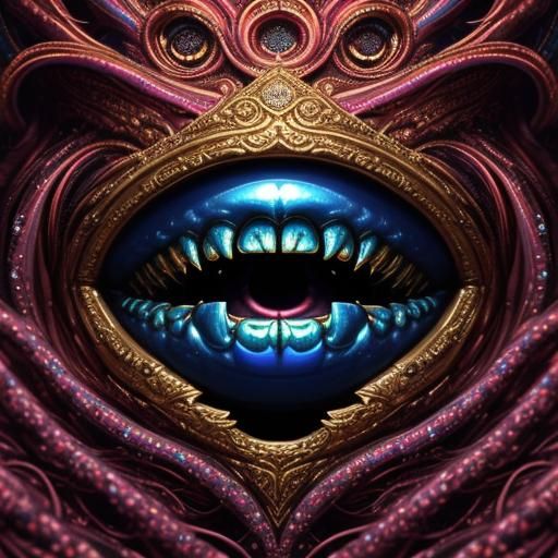F gold, black, pink, red, blue, baroque, surrealist, psychedelic, maximalist, detailed face features, sharp eyes, white teeth, extremely de...