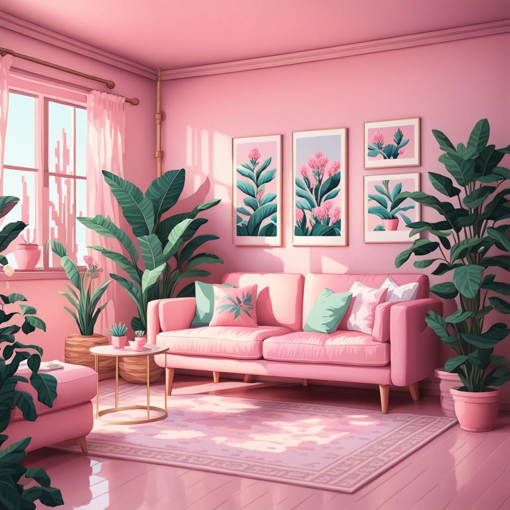 pink botanical living room