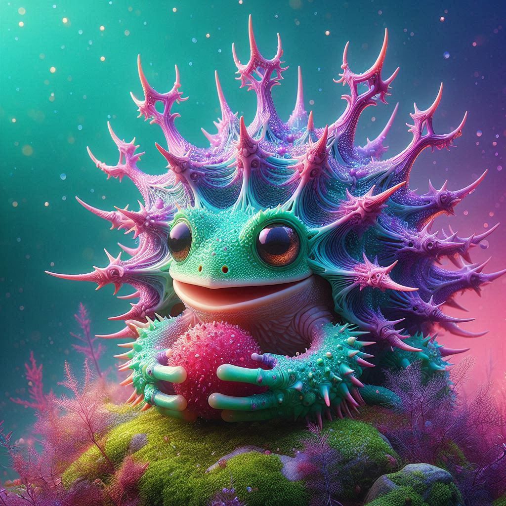 Concept art, medium shot. An adorable Murex frog-tortoise creature with big expressive eyes holds a berry. Its shell is made of many complex...