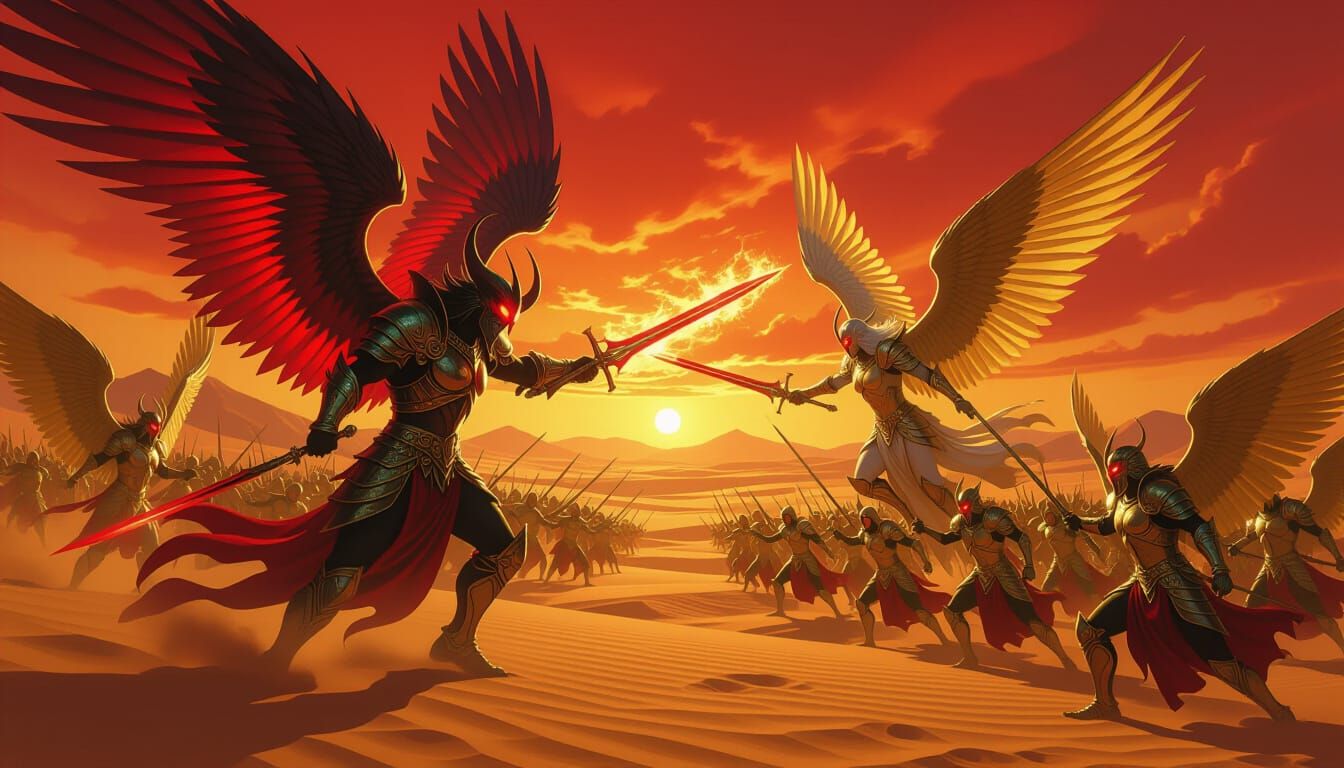 a vast demon army and a vast angel army clash in the arabian desert