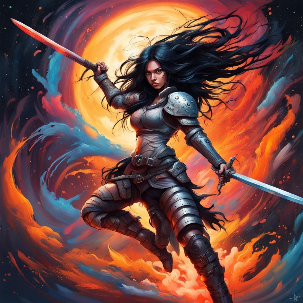 Female fighting angel warrior with long black hair, with full body ...