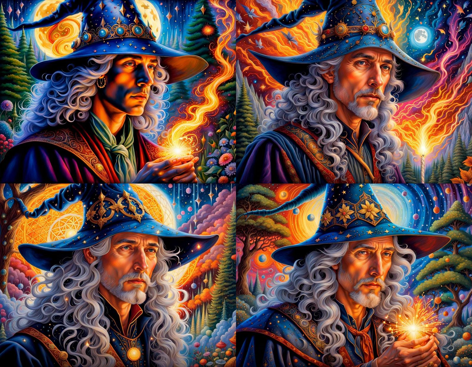 very Closeup head and shoulders portrait of a handsome young wizard with gray hair casting spells with magical misty lig...