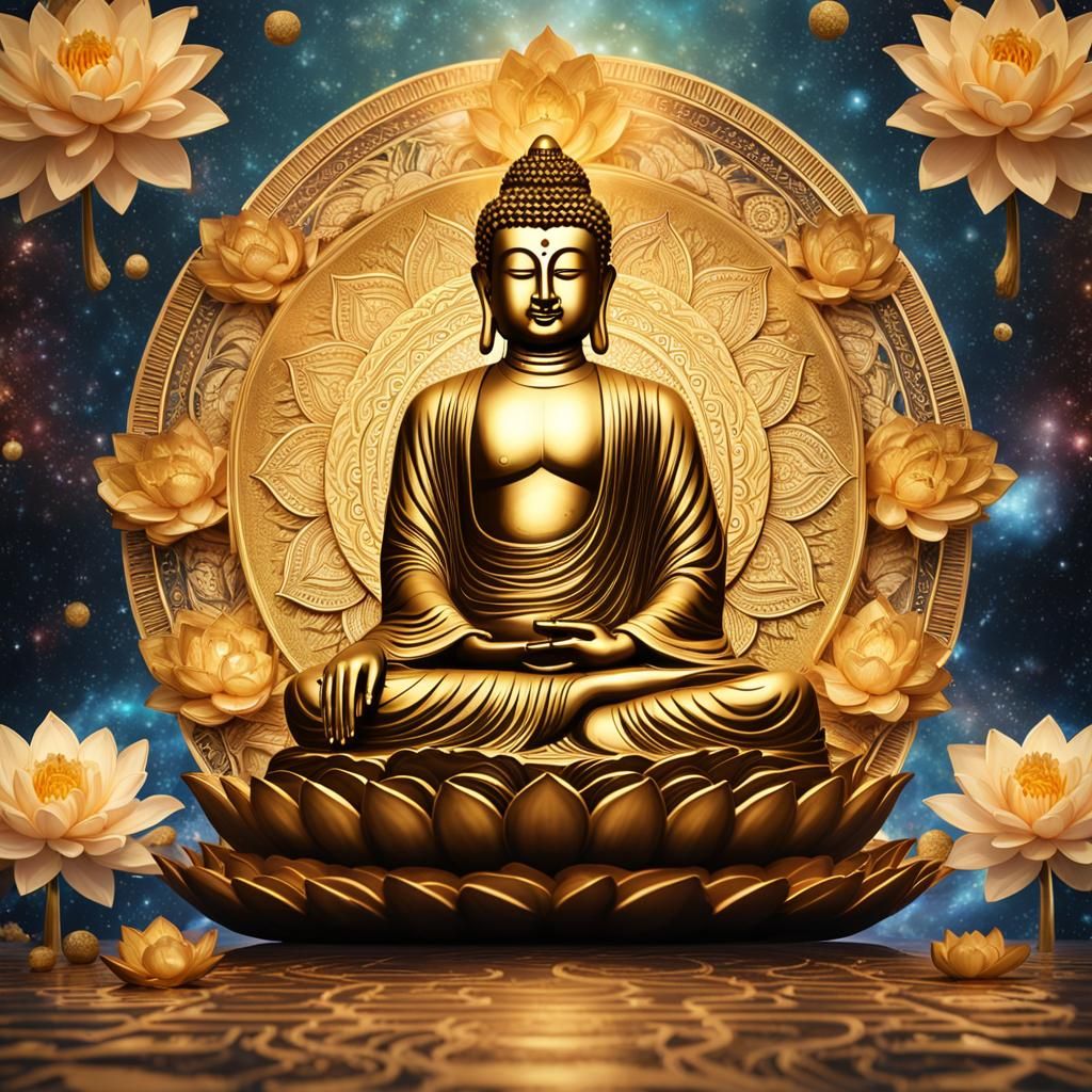 A gold statue of Buddha sitting on a lotus flower