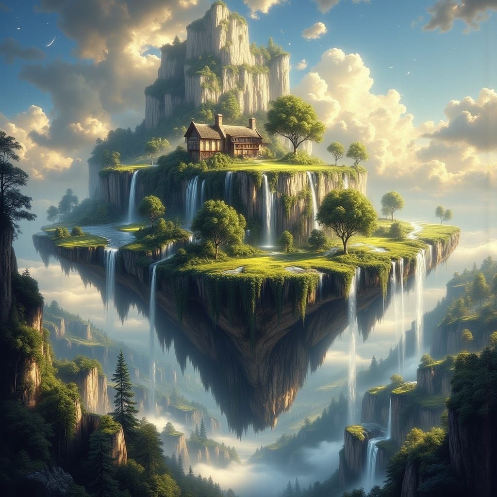 Epic classical painting of a large island floating in the sky, above a sky of deep-blue clouds, complete with trees, crop fields, a few ston...