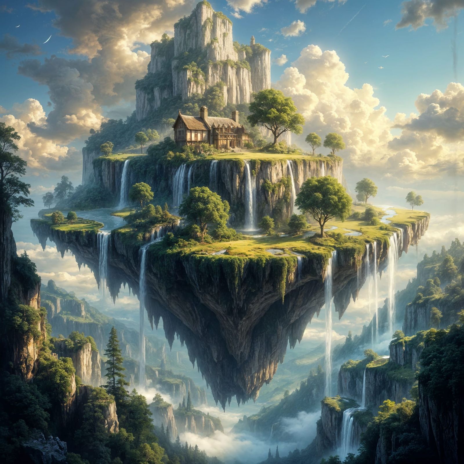 Epic classical painting of a large island floating in the sky, above a sky of deep-blue clouds, complete ...  by @SirEdmund