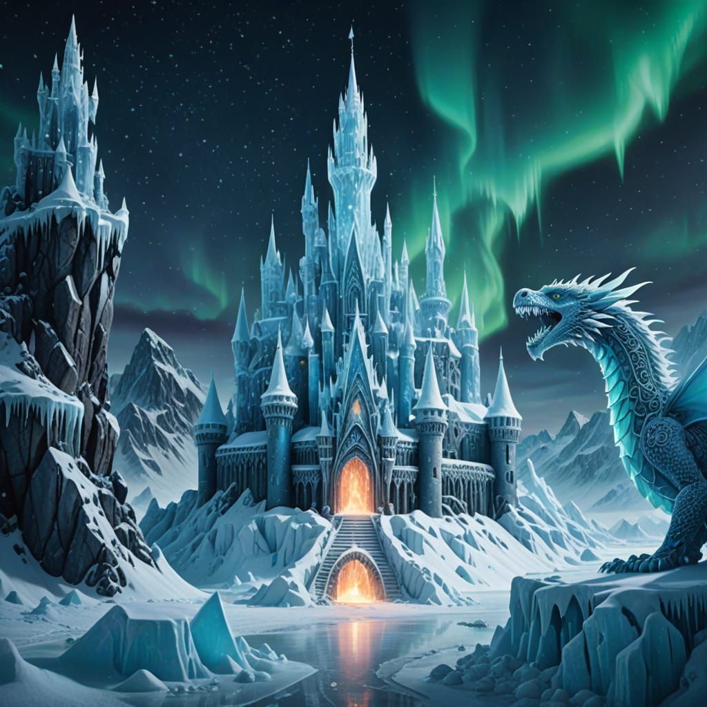 beautiful crystal castle in frozen wastelands with a crystal dragon guarding it. lots of snow and filigree ...  by @CardinalBiggles