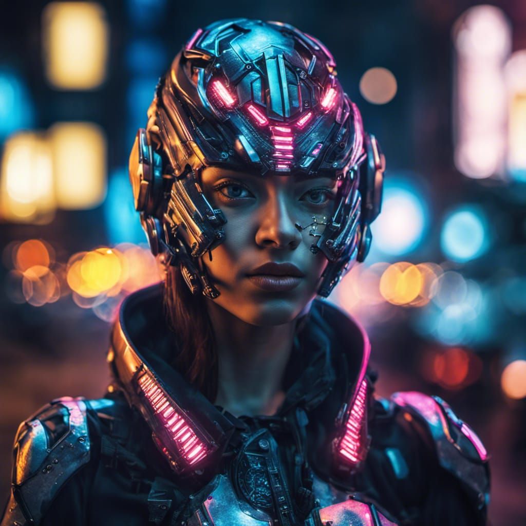 Portrait of a cyborg girl wearing futuristic face armor in a...