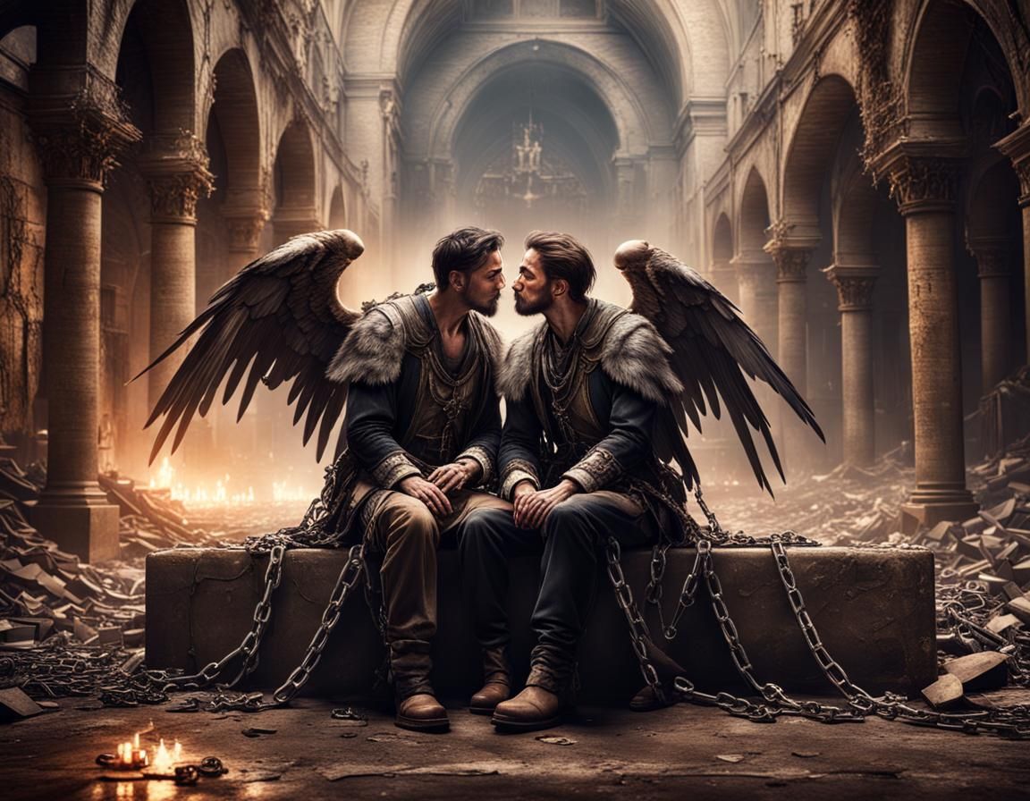 Two men as beautiful as angels are dirty and tied to chains ...