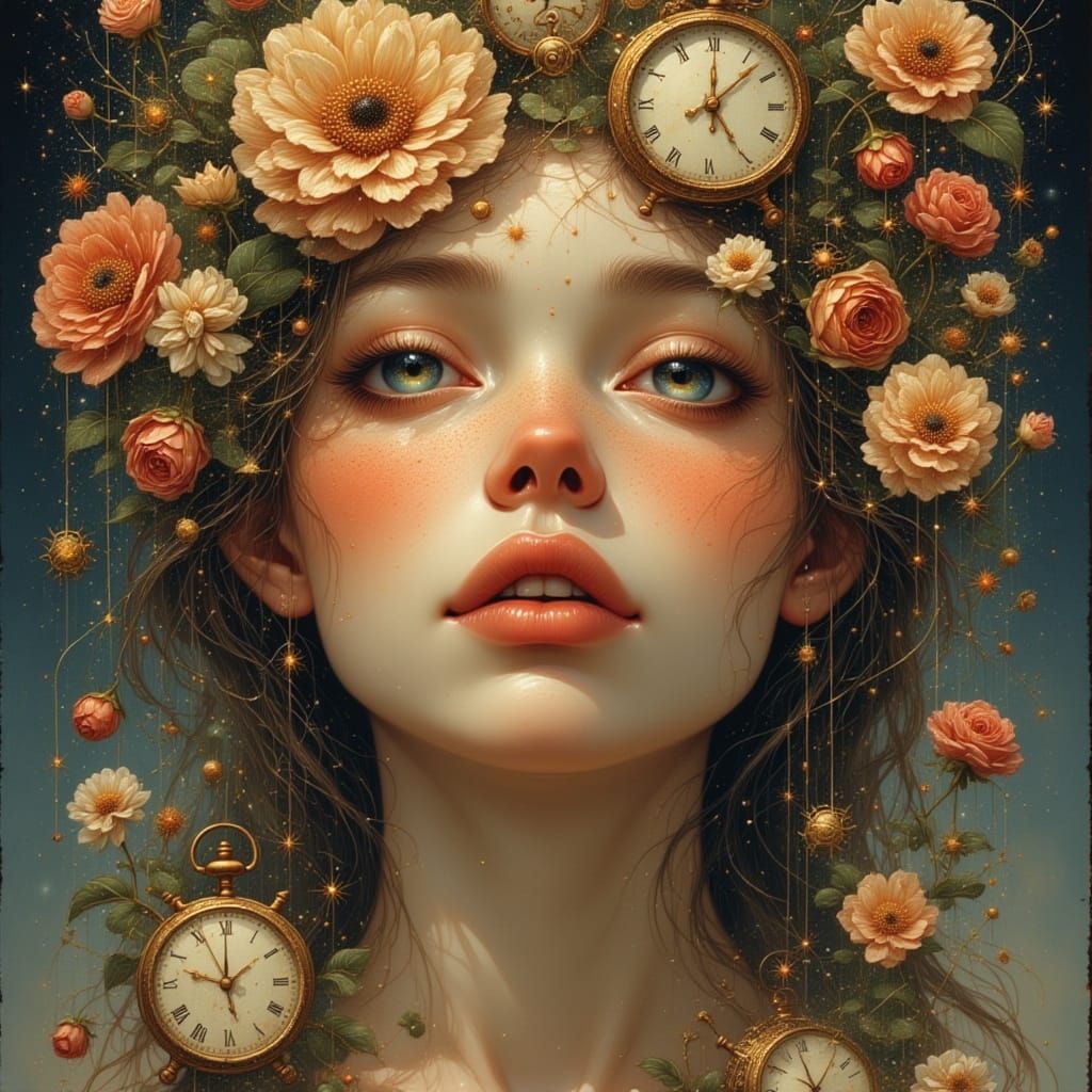 Surreal Woman Portrait with Melting Face and Flowers