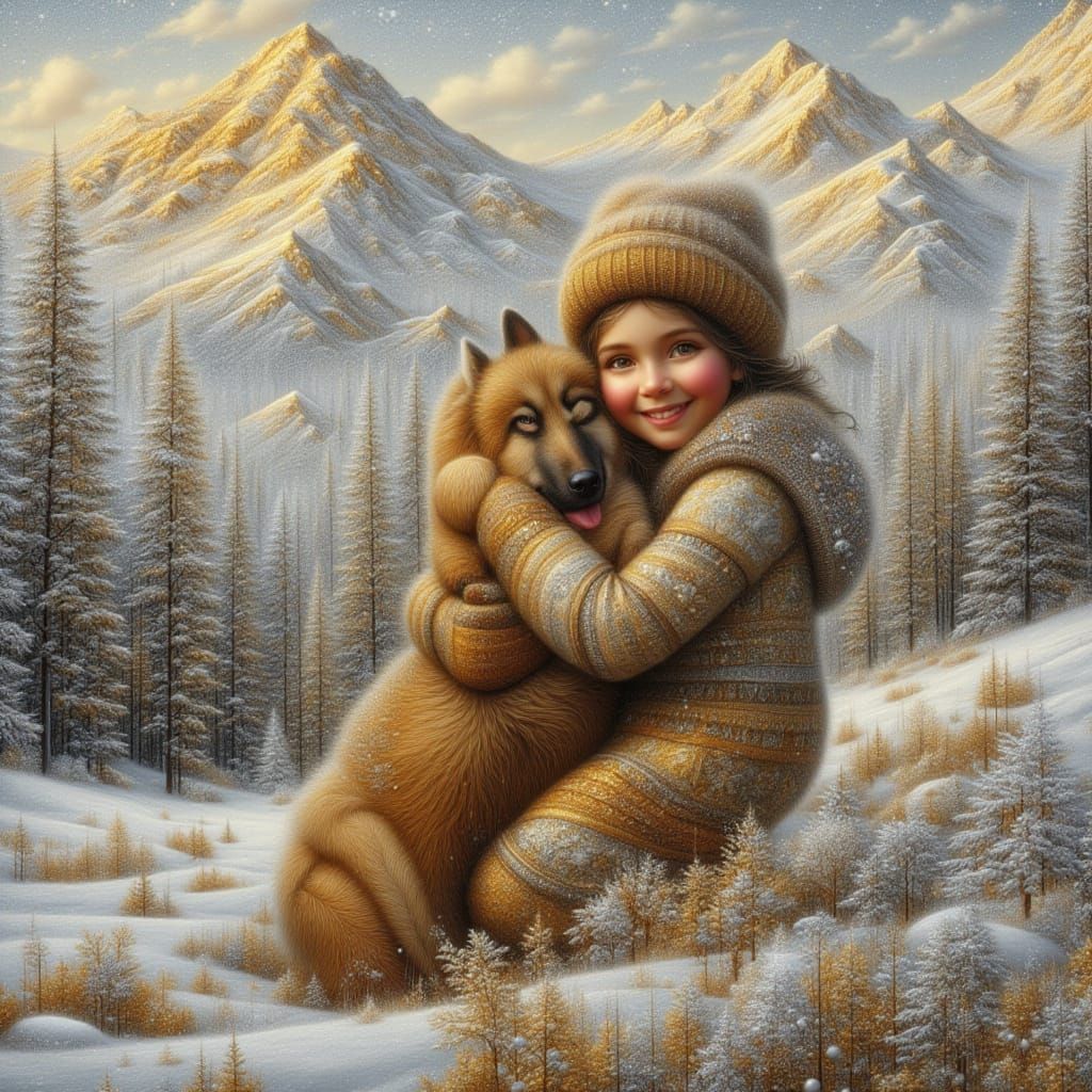 <lora:kak-festivepatch:1.0> golden and silver patchwork. Centered, big, beautiful Winter mountains with a gorgeous little girl, centered, bi...