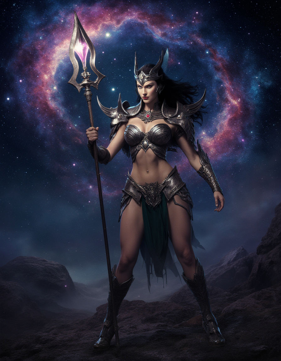 A majestic Amazonian woman warrior, adorned with celestial a...