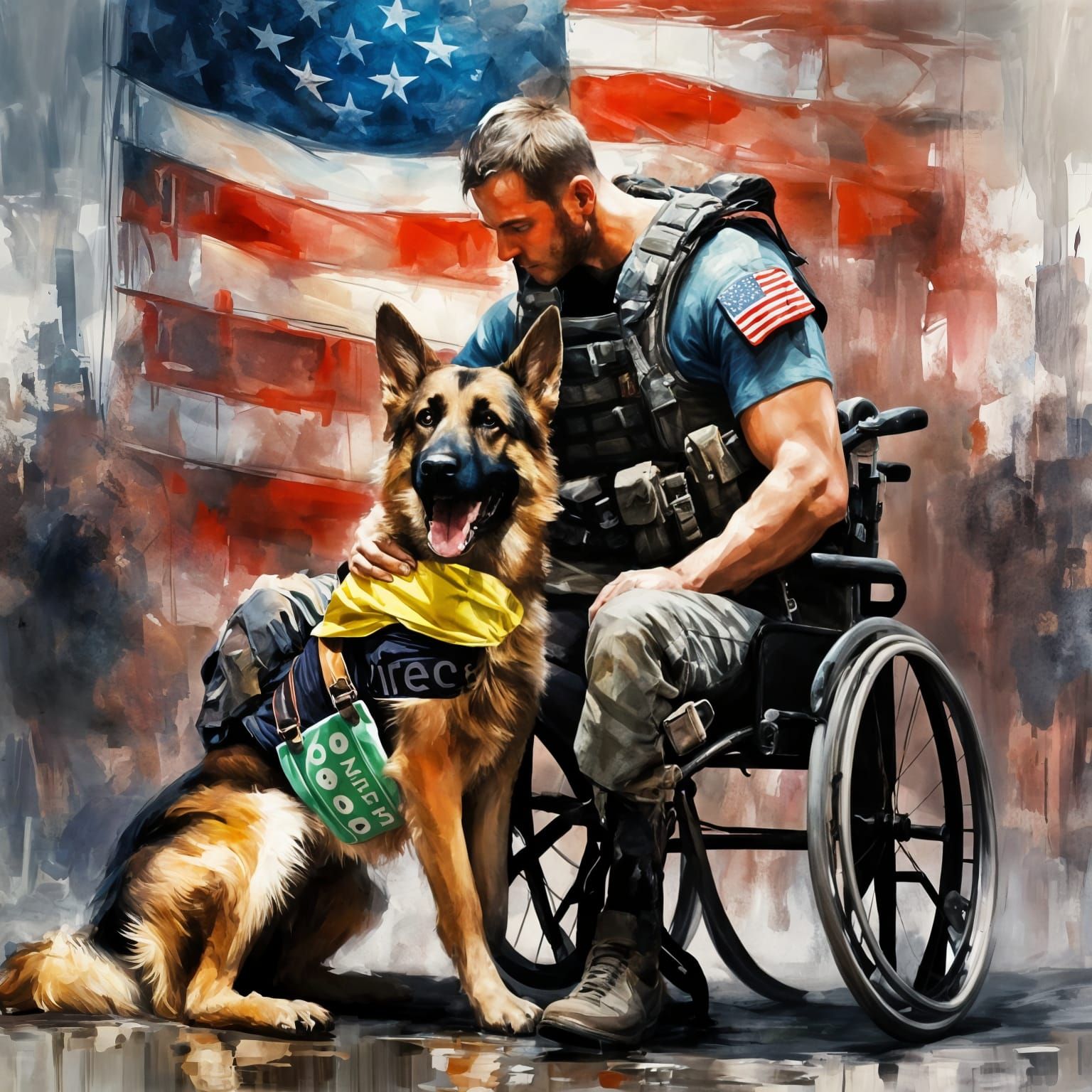 Service dog supporting wounded veteran   by @Bellemia