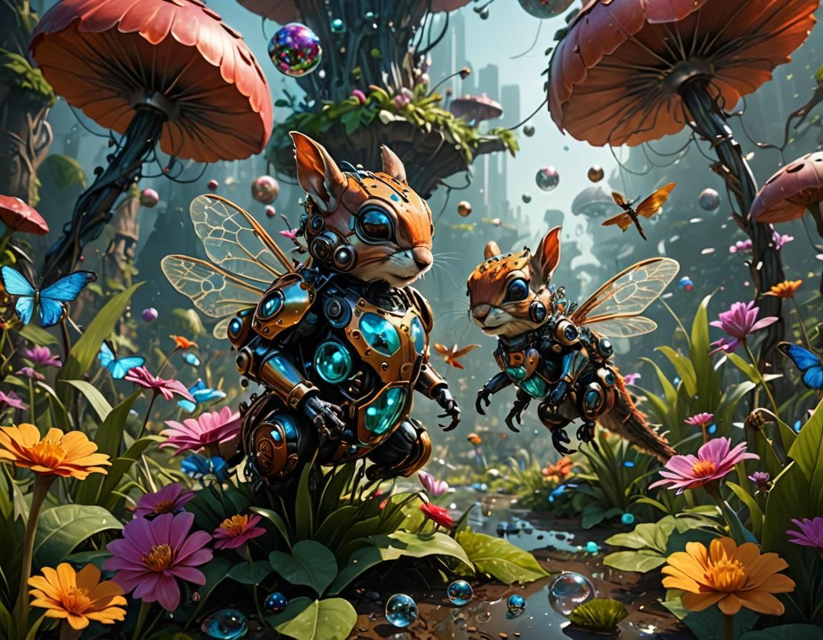 Baby Cyborg Squirrells and Cyborg  dragonflies enjoy playing and doing somersaults with cristal balls ...  by @undefined