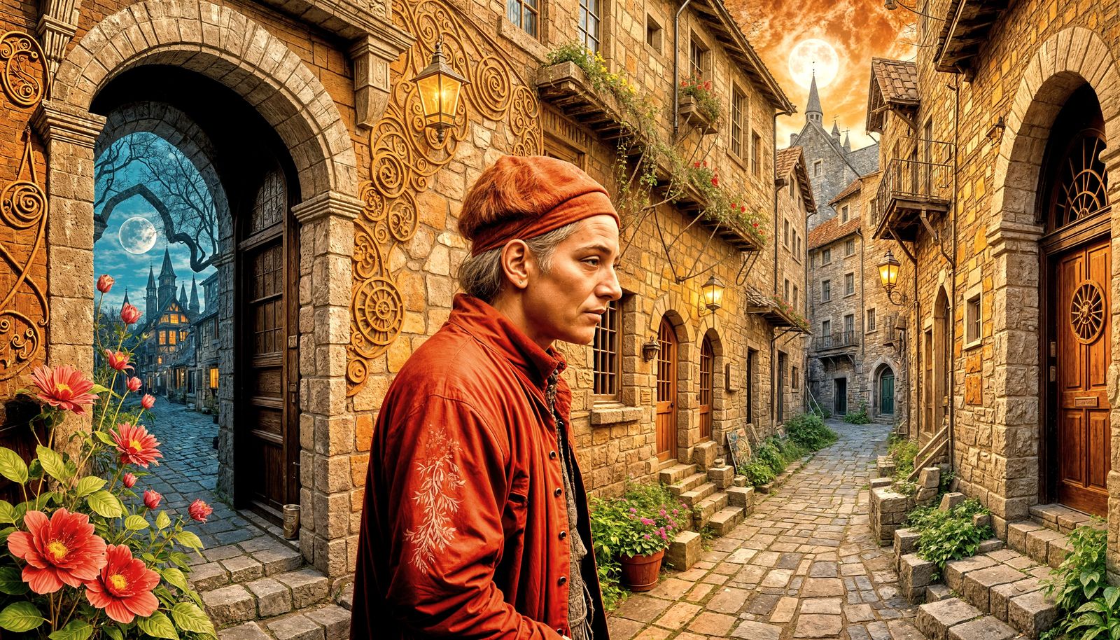 No-Theme Thursday Alleyways. winding stone street of old town.glowing tavern window. Narrow medieval alleyway. ...  by @Lennis