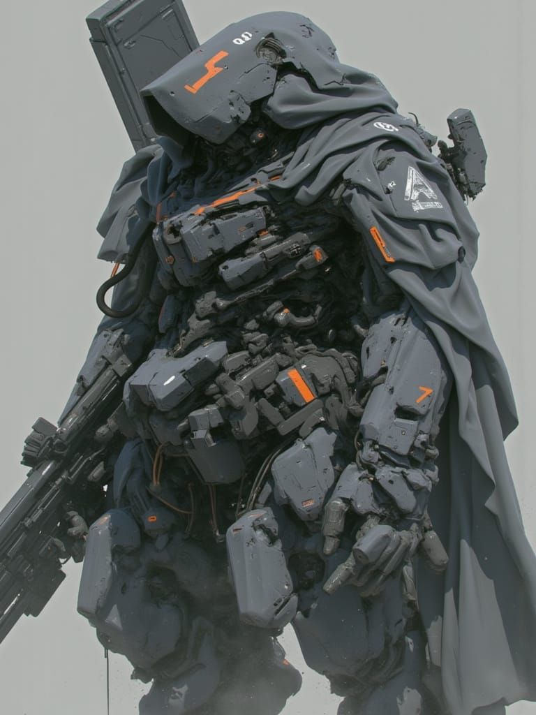 <lora:Predatory Mecha B:1.2> A cloaked hunter Mecha with the number 5 painted in hi head, holding a weapon, full body