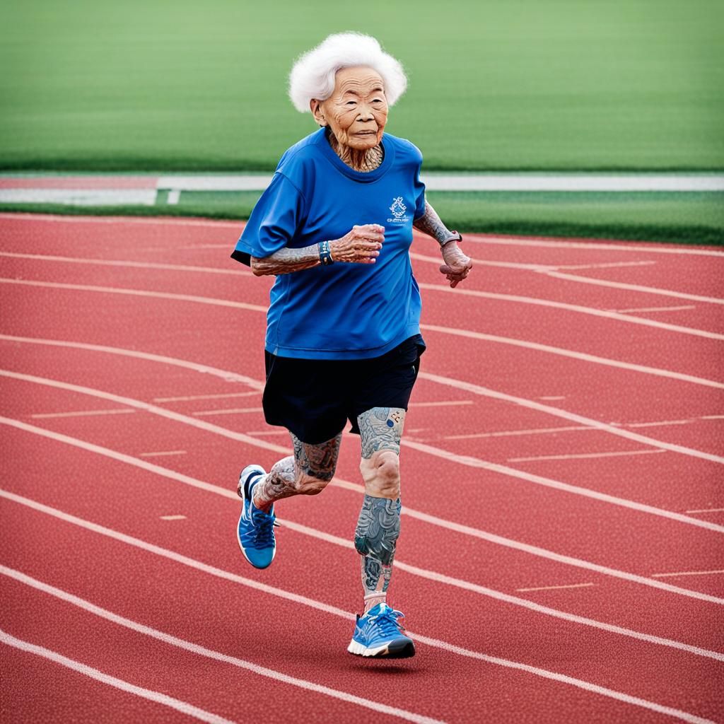 Tattooed Old Lady Runs on Sports Field