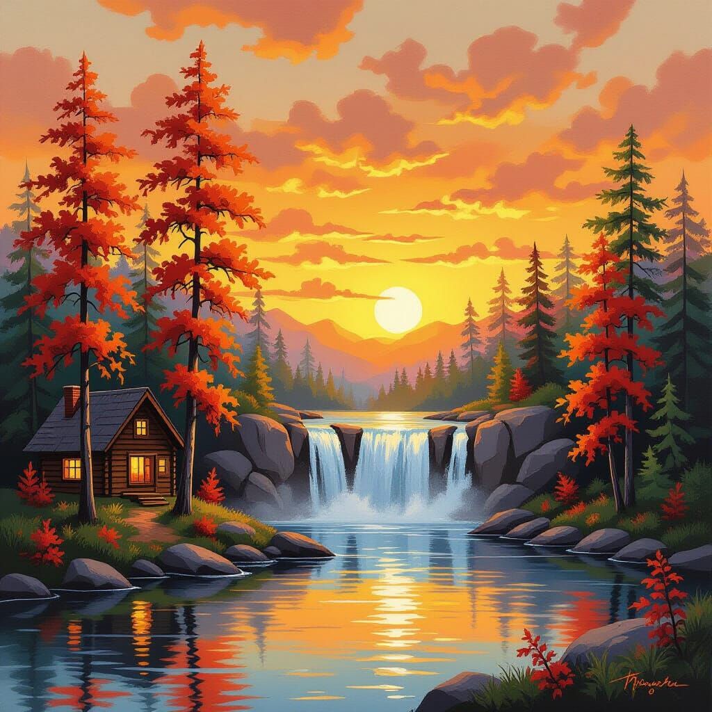 Gouache Landscape: Cabin by Waterfall at Sunset