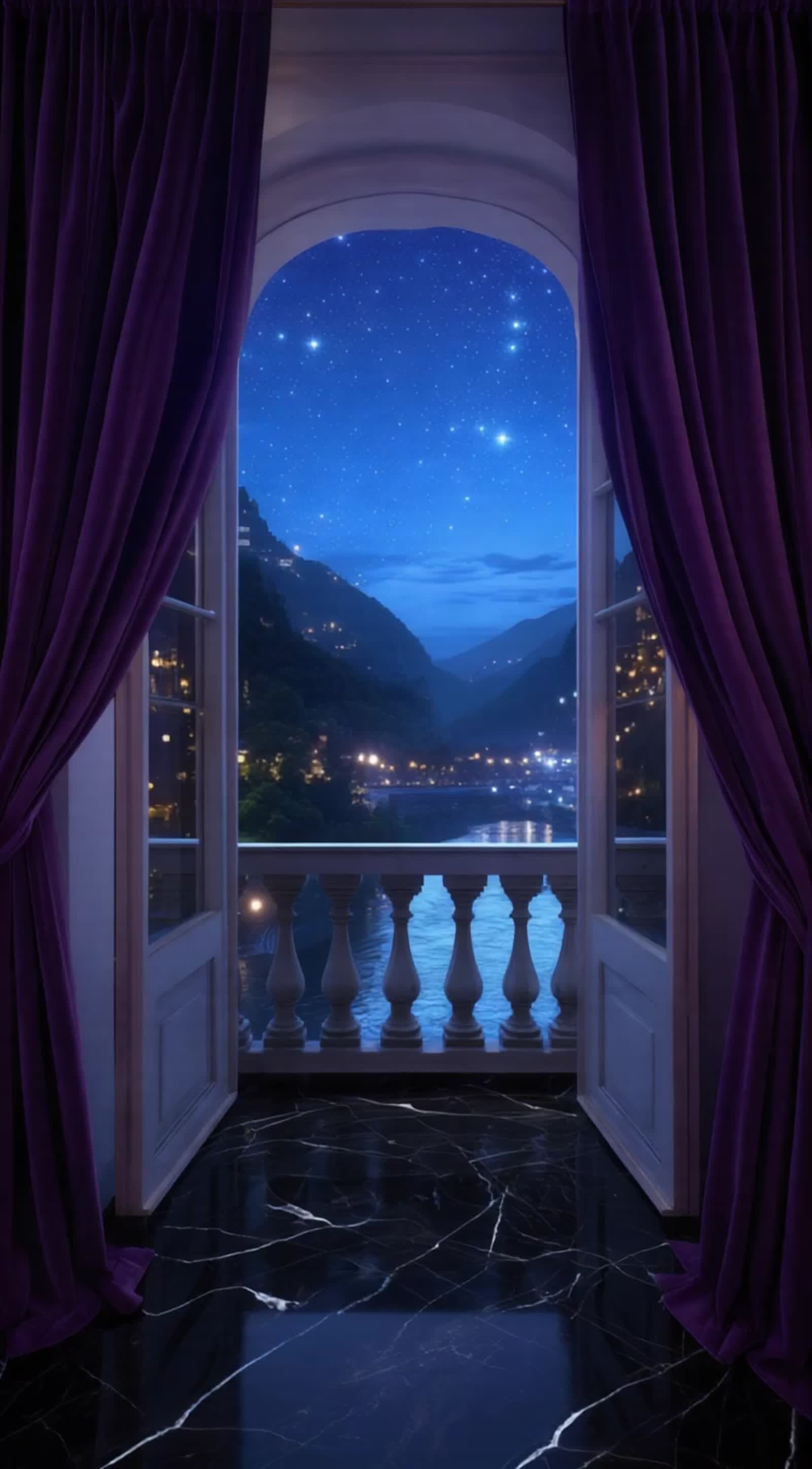 A softly lit interior room leading out to a serene nighttime balcony, bathed in silver moonlight. purple Velvet curtains...